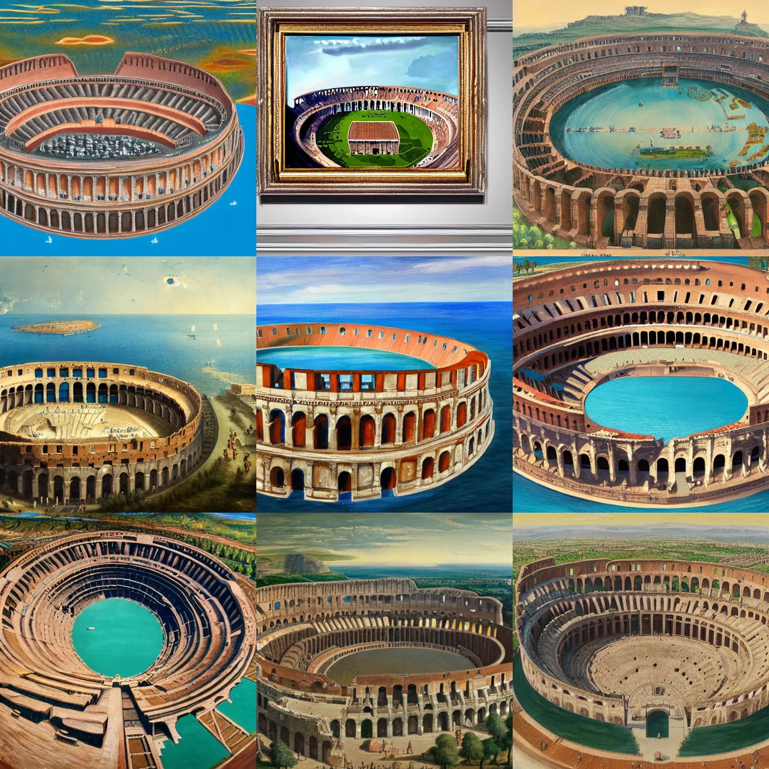 Image similar to a colosseum like arena with it's central part surrounded with water, view from the sky, detailed painting, 8 k,