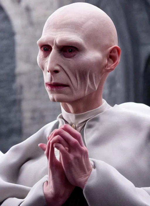 Image similar to film still of tilda swinton as voldemort in harry potter, 4 k, ( voldemort nose )