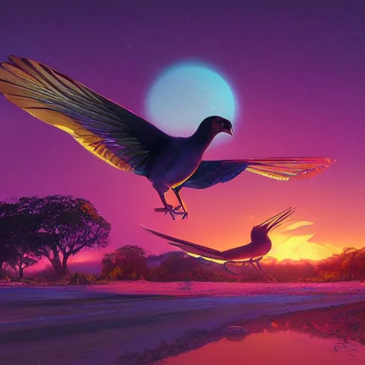 Image similar to night panoramic bird hyper realism nature photography fantasy octane render rich by syd mead, lisa frank, rhads, greg rutkowski, moebius