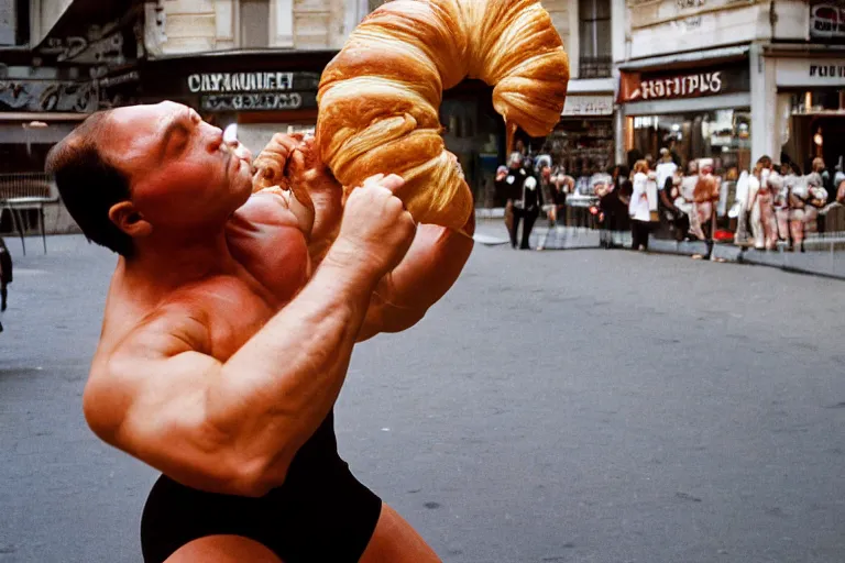 Image similar to closeup potrait of a wrestler wrestling a giant croissant in a paris street, natural light, sharp, detailed face, magazine, press, photo, Steve McCurry, David Lazar, Canon, Nikon, focus