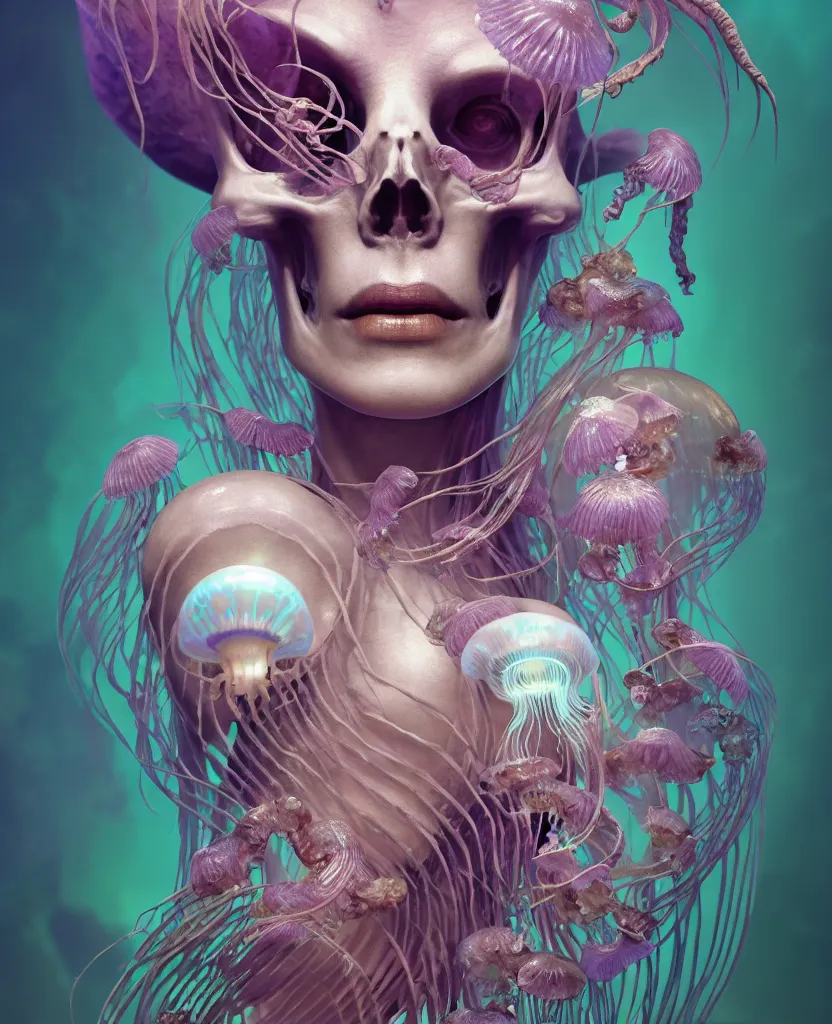 Image similar to goddess close-up portrait human skeleton, ram skull, jellyfish, orchid, betta fish, bioluminiscent, intricate artwork by Tooth Wu and wlop and beeple. octane render, trending on artstation, greg rutkowski very coherent symmetrical artwork. cinematic, hyper realism, high detail, octane render, 8k