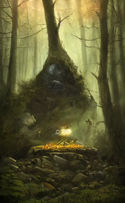 Image similar to dark fantasy photorealistic concept art of bill cipher floating in the middle of a forest with glowing yellow eyes, and pebbles floating in the air, gloomy seen, dynamic lighting, ambient lighting, atmospherical, stunning visuals, creative, cinematic, ultra detailed, trending on art station