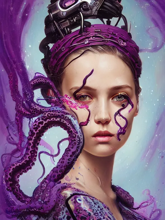 Image similar to art portrait of a girl with purple tentacles on her head,8k,by tristan eaton, Stanley Artgermm,Tom Bagshaw,Greg Rutkowski,Carne Griffiths,trending on DeviantArt,face enhance,hyper detailed,minimalist,cybernetic, ,full of colour