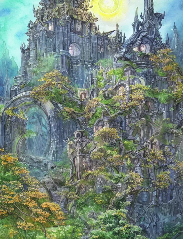 Image similar to futuristic scifi elven castle in springtime. this watercolor painting by the beloved children's book author has interesting color contrasts, plenty of details and impeccable lighting.