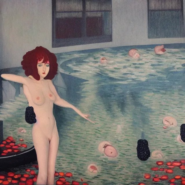 Image similar to tall female emo artist in her flooded bath, water gushing from ceiling, painting of flood waters inside an artist's bathroom, a river flooding indoors, pomegranates, pigs, ikebana, zen, water, octopus, river, rapids, waterfall, black swans, canoe, berries, acrylic on canvas, surrealist, by magritte and monet