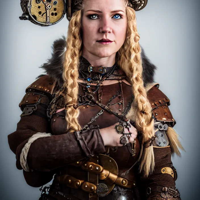 Prompt: portrait photograph of a real-life female steampunk viking, Extremely detailed. 8k