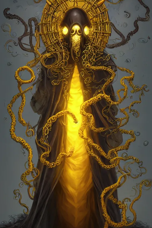 Image similar to A full body portrait of a mysterious character with no face with a very long hooded yellow cloak, a golden crown floating above his head, tentacles coming out the ground art by Shaddy Safadi and Jason Chan, ominous, cosmic horror, trending on artstation, Ultra detailed, hyper realistic 4k