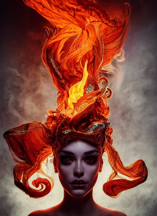 Image similar to hyperrealistic mixed media portrait of a beautiful evil female pyromancer, stunning 3d render inspired art by Mark Poole + perfect facial symmetry + dim volumetric lighting, ornate flowing robes, radiant fiery energy, swirling wispy smoke, 8k octane beautifully detailed render, post-processing, extremely hyperdetailed, intricate, epic composition, grim yet sparkling atmosphere, cinematic lighting + masterpiece, trending on artstation, Art Nouveau