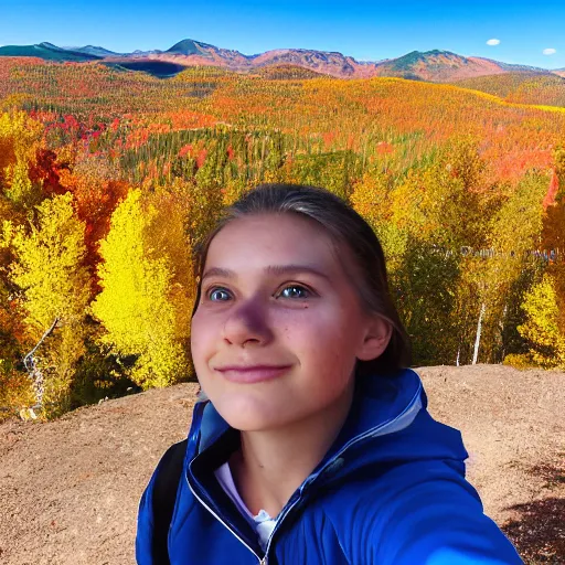 Prompt: a selfie of cute tomboyish girl taken on top of a mountain in Colorado, Aspen trees with Fall Colors in the background