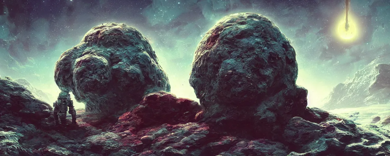 Prompt: ” asteroid with a giant roughly chiseled stone statue of an astronaut, [ by paul lehr, cinematic, detailed, epic, widescreen, opening, establishing, mattepainting, photorealistic, realistic textures, octane render ] ”