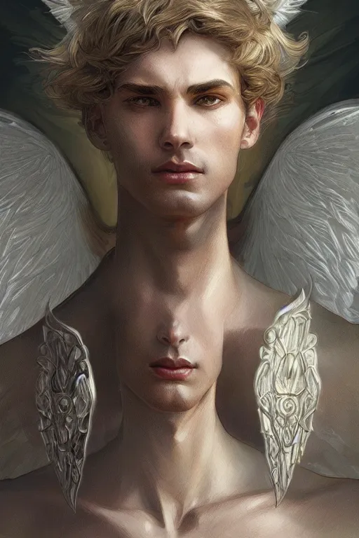 Prompt: up close portrait of a male angel, d & d, face, fantasy, intricate, elegant, highly detailed, digital painting, artstation, concept art, smooth, sharp focus, illustration, art by artgerm and greg rutkowski and alphonse mucha