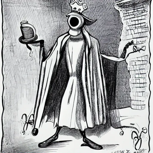 Image similar to plague doctor wearing a crown 1930 cartoon illustration black and white lineart detailed technical drawing