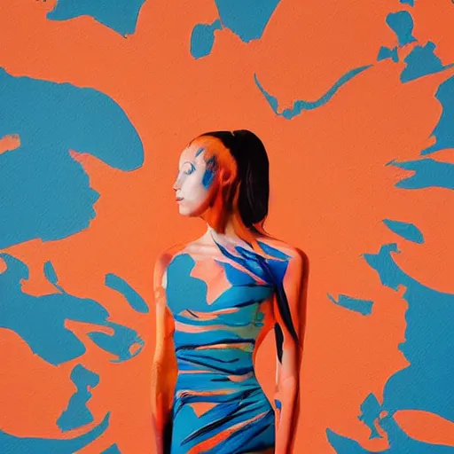 Image similar to beautiful model girl body art fabric skin turns into dress creasing plastic bag folds heavy brushstrokes style of jonathan zawada, thisset colours simple background gradient objective light orange and blue amber colours