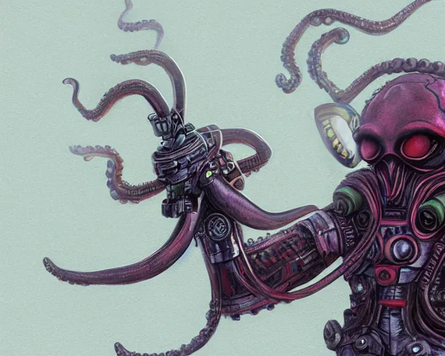 Prompt: alien octopus with 3 eyes dressed like a samurai holding a laser rifle, photorrealistic concept art, digital art, cyberpunk