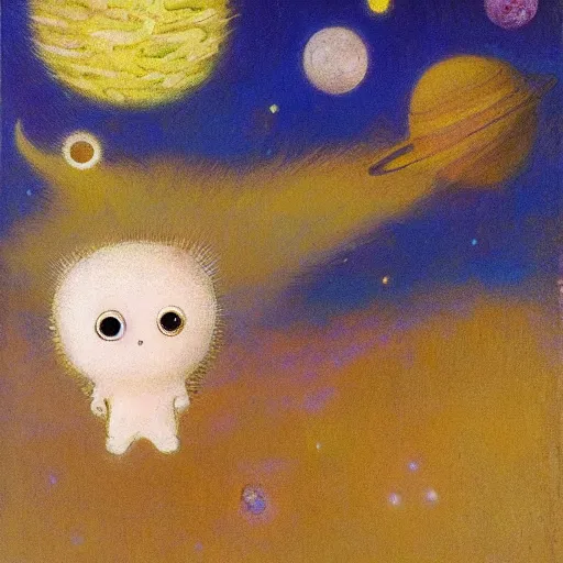 Prompt: Liminal space in outer space with cute curious creatures by Odilon Redon