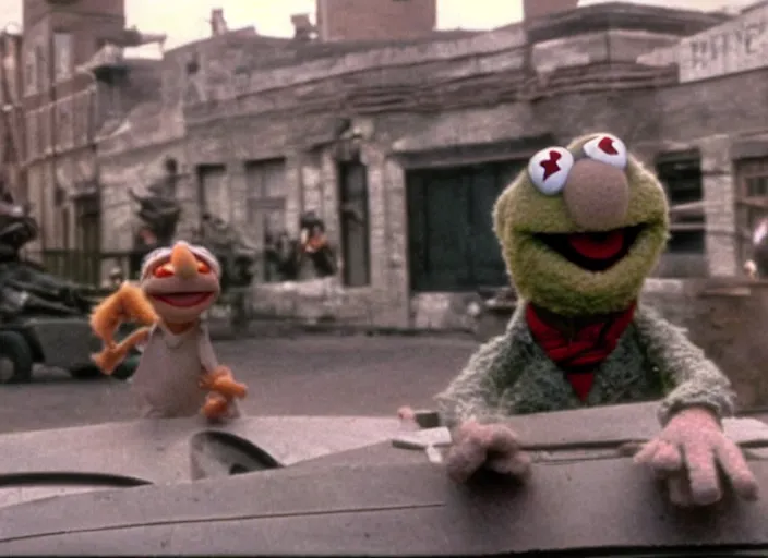 Image similar to landing scene from muppet!! save private ryan