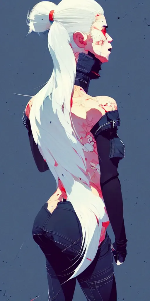 Image similar to a ultradetailed beautiful back painting of a stylish woman with white hair in a short pony tail, she is wearing jeans, by conrad roset, greg rutkowski and makoto shinkai trending on artstation