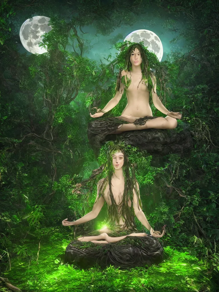 Image similar to an ancient mystical alluring female witch generating flowing energy and surrounded by wisps of green magic sits meditating in a magical overgrown garden temple, large full moon in sky, 3 d, cinema 4 d render, trending on artstation