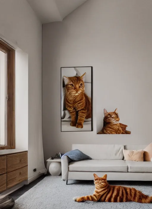 Prompt: MODERN Provence interior with Ginger Cat , Realism, Photograph, living room, inside a house, photorealism, ultra detailed, natural light, photograph, wide angle