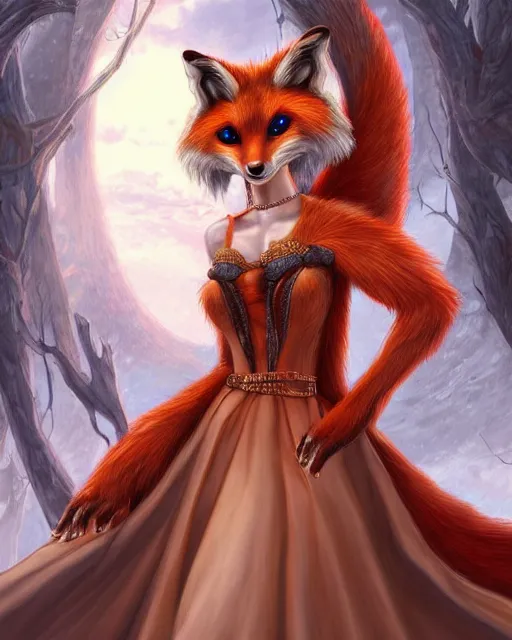 Prompt: award - winning extremely detailed fantasy art of a cute female innocent eyes anthropomorphic vulpes vulpes fulva wearing dress, 4 k