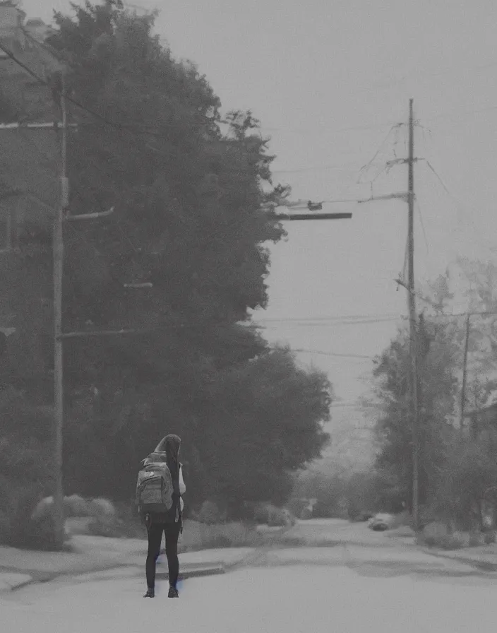 Prompt: “ quiet american neighborhood, a woman waiting holding a backpack, in the style of gregory crewdson ”