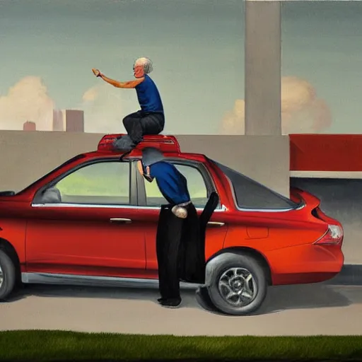 Image similar to larry david climbing on roof of 2009 prius, edward hopper painting, high detail