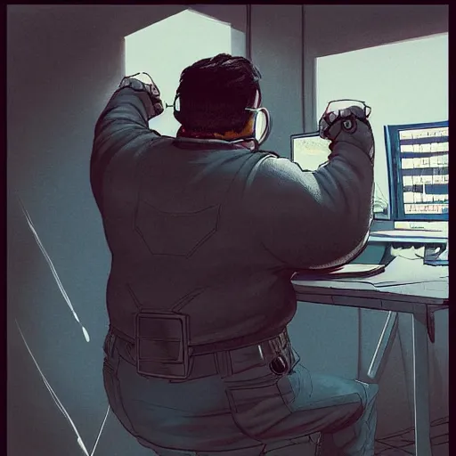 Image similar to an insanely detailed painting of a chubby nerdy asian man wearing a homemade superhero costume and mask, sitting at a computer desk typing on the keyboard, in the style of peter mohrbacher, dramatic lighting and composition, trending on artstation, concept art, comic book, graphic novel, back view