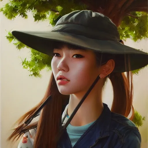 Image similar to oil painting by ilya kuvshinov,, baugh casey, artgerm craig mullins, coby whitmore, of a youthful japanese girl, long hair, fishing and wearing fisherman's outfit, fisherman's hat, highly detailed, breathtaking face, studio photography, noon, intense bounced light, water reflection, large tree casting shadow, serine intense sunlight