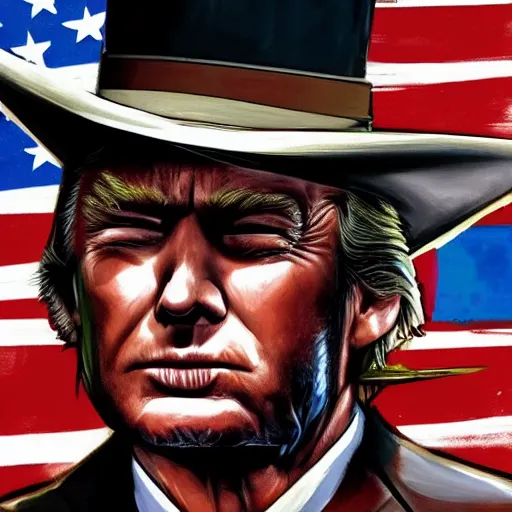 Image similar to donald trump as clint eastwood squinting at high noon in the style of a clint eastwood movie, the good, the bad and the ugly, clint eastwood, steven seagal, bud spencer, donald trump, glory days, american flag, patriotism, apple pie, black and white, artgerm, trending on artstation