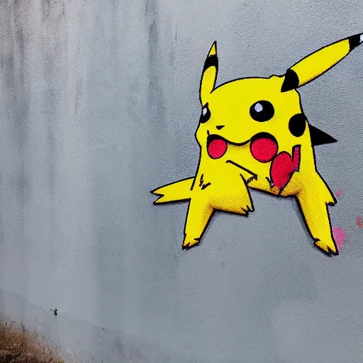 Image similar to pikachu spray painted on the wall, wide angle lens