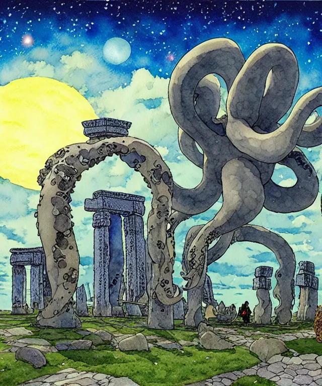 Image similar to a hyperrealist studio ghibli watercolor fantasy concept art. in the foreground is a giant grey octopus lifting and putting stones in to place on top of stonehenge with a starry sky. by rebecca guay, michael kaluta, charles vess