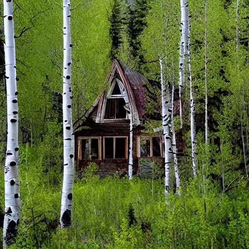 Prompt: house in the boreal forest overgrown by aspen poplar trees, abandoned, nature takes over