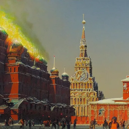 Image similar to the last selfie taken in russia red square, nuclear explosion, russian flag burning, hydrogen bomb explosion, by donato giancola and greg rutkowski and wayne barlow and zdzisław beksinski,