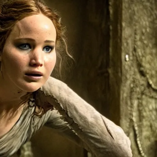 Image similar to jennifer lawrence as frankenstein's monster, color photography, sharp detail, still from the movie mary shelley's frankenstein