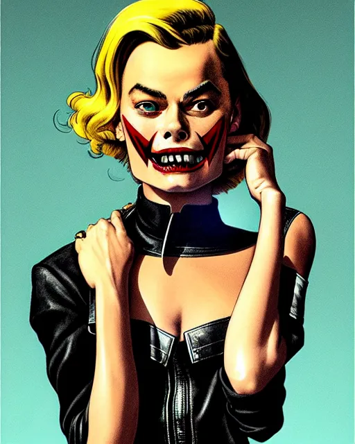 Prompt: Rafael Albuquerque art, Norman Rockwell art, pretty Margot Robbie as a vampire sharp teeth evil smile with 5 long sharp fingers, symmetrical face symmetrical eyes, leather jacket, jeans