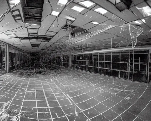 Image similar to camera footage of an abandoned shopping mall overtaken by spiders and webs, high exposure, dark, monochrome, camera, grainy, CCTV, security camera footage, timestamp, zoomed in, fish-eye lense, spiders!!, webs!!