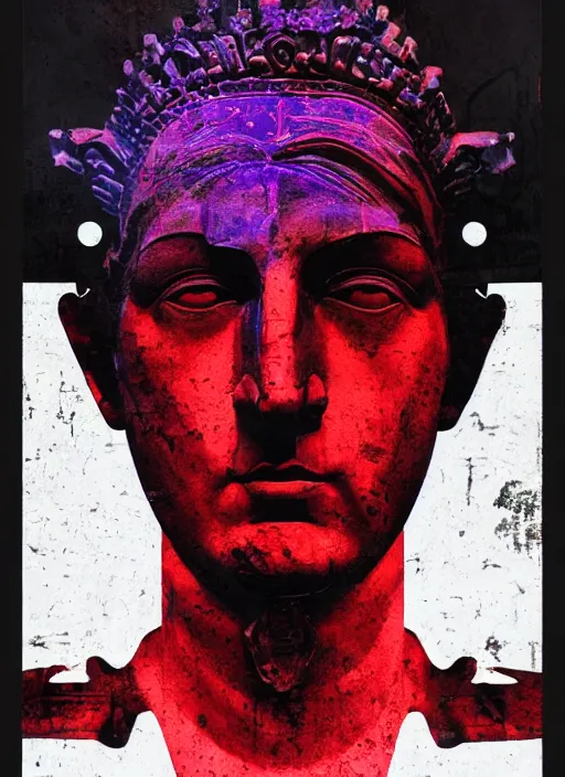 Image similar to dark design poster showing a statue of a roman emperor, black background with very subtle red and purple design elements, powerful, nekro, vito acconci, thin straight lines, dark, glitch art, neo vaporwave, gritty, layout frame, square, extremly detailed, trending on artstation