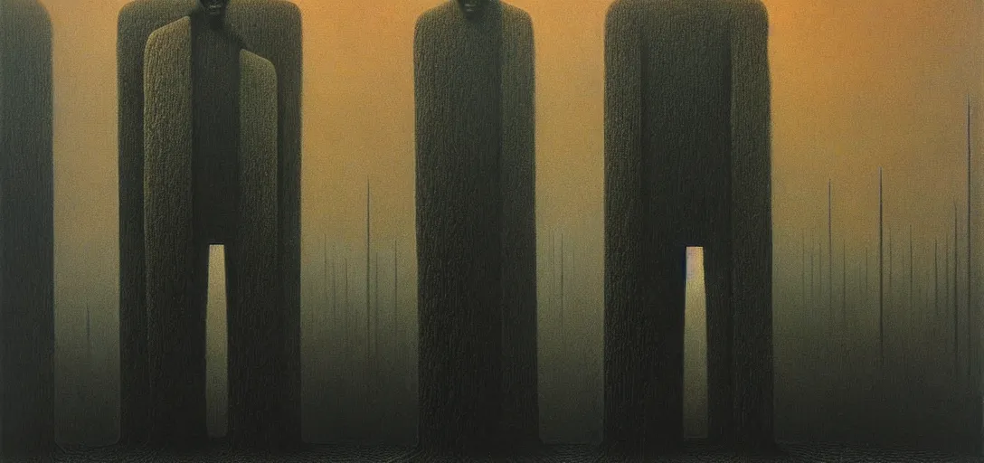 Image similar to deep shadows horror dystopian surreal painting of a single eerie head statue surrounded by buildings by zdzisław beksinski