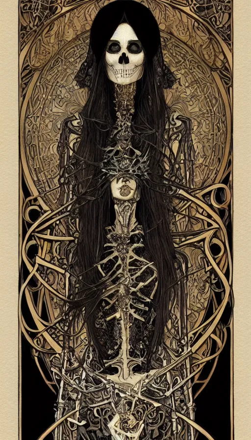 Image similar to a skeleton in a black cloak, highly detailed, very intricate, art nouveau, gold filigree, left right symmetry, tarot concept art watercolor illustration by mandy jurgens and alphonse mucha and alena aenami, featured on artstation