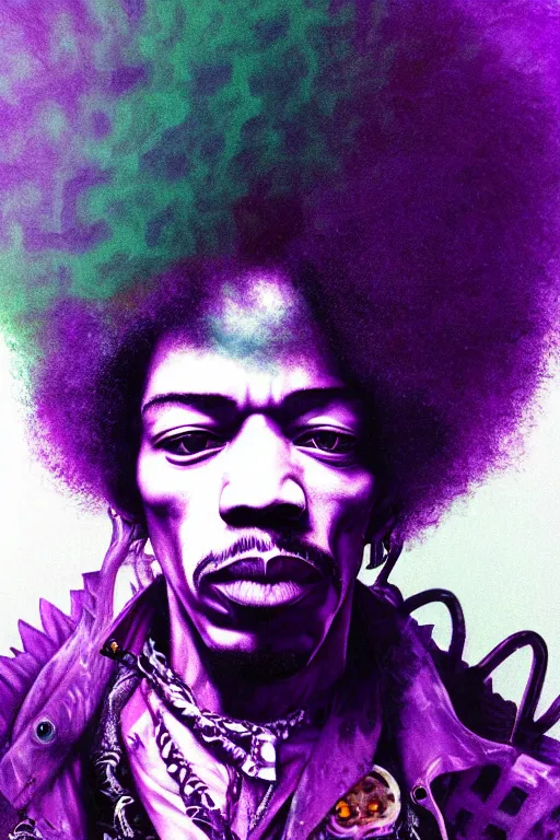 Image similar to A Weirdcore Mesmerizing 8k hyperrealistic Photo Portrait of Jimi Hendrix, floating in purple iridescent mycelum solarpunk cathedral, surrounded by purple haze, By Ayami Kojima, Daytoner, Greg Tocchini, James Jean,Yoshitaka Amano. Subsurface scattering. Octane Render.