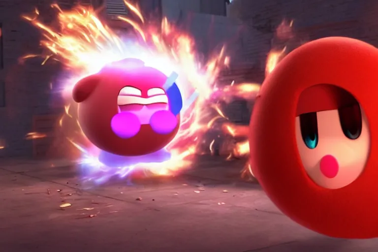 Image similar to a photo of an injured man fighting a giant kirby, photorealistic, bloody, 8 k