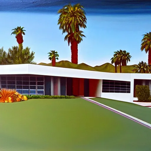 Prompt: an oil painting of a mid century modern house designed by both frank lloyd right and richard sera in palm springs