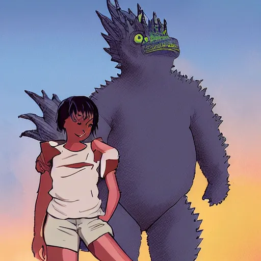 Prompt: Dark skinned girl and Godzilla, Studio Ghibli concept art