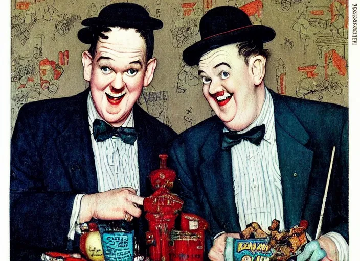 Image similar to “ painting of stan laurel and oliver hardy, by norman rockwell and robert crumb, coloured ”