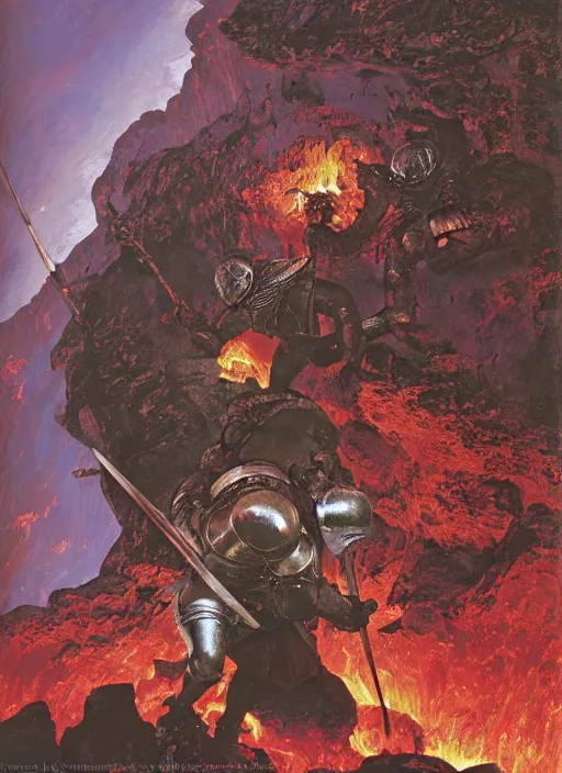 Prompt: knight in armour in lava cave, explosions, lava flows, dynamic action, by lawrence alma - tadema and zdzislaw beksinski and norman rockwell and jack kirby and tom lovell and greg staples