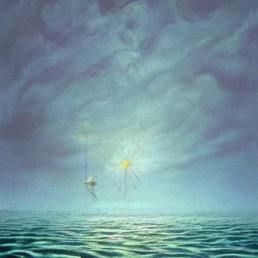 Prompt: scene from a dream. ocean. digital artwork by vincent bons, michael whelan, remedios varo and gerardo dottori. grainy and rough. interesting pastel colour palette. beautiful light. oil and water colour based on high quality render.