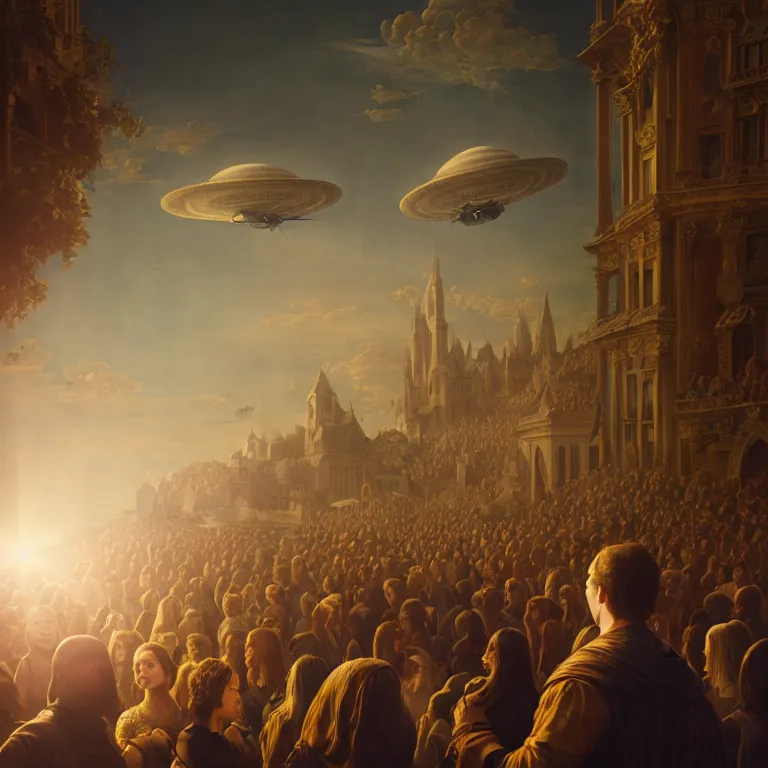 Image similar to portrait of a beautiful man in a crowd of medieval people surrounding UFO flying saucer, dream-like atmosphere, baroque portrait painting, perfect portrait composition, beautiful detailed intricate insanely detailed octane render trending on Artstation, 8K artistic photography, photorealistic, soft natural volumetric cinematic perfect light, golden hour, chiaroscuro, award-winning photograph, masterpiece, Raphael, Caravaggio, Greg Rutkowski, Beeple