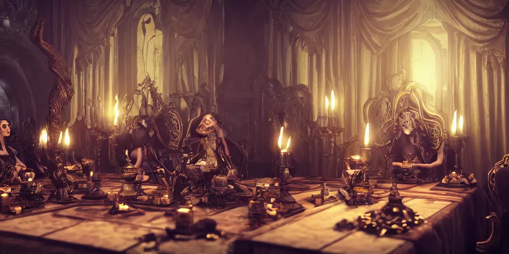 Image similar to dark witches sitting at a table doing a ritual. Ornate details, award winning. Octane render, 4k, 8k, unreal 5, very detailed, hyper control-realism, trending on artstation.”