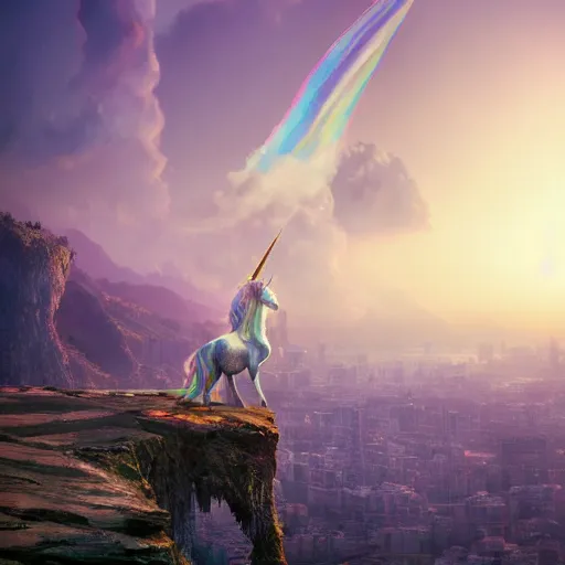 Image similar to a iridescent unicorn looking off a cliff overlooking a city covered in toxic smog, ultra realistic, concept art, intricate details, highly detailed, photorealistic, octane render, 8 k, fantasy art