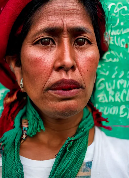 Image similar to Mid-shot portrait of a stylish 35-year-old woman from Guatemala, candid street portrait in the style of Martin Schoeller, strong red and greens, award winning, Sony a7R